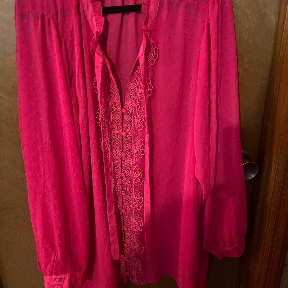 torrid Hot Pink Button-Down Blouse with Lace Trim